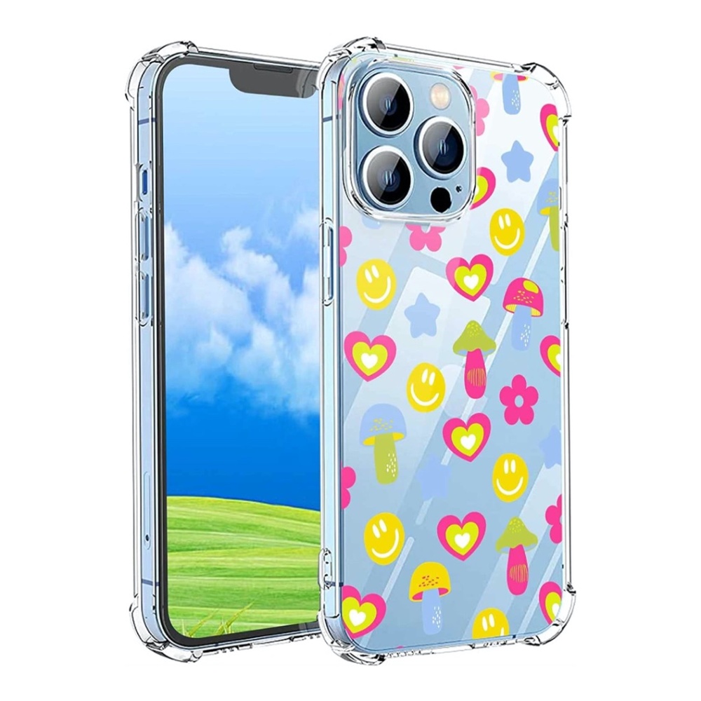 iPhone 14 Pro Case - Retro Hippie Smile Face Mushroom Flower Heart Pattern